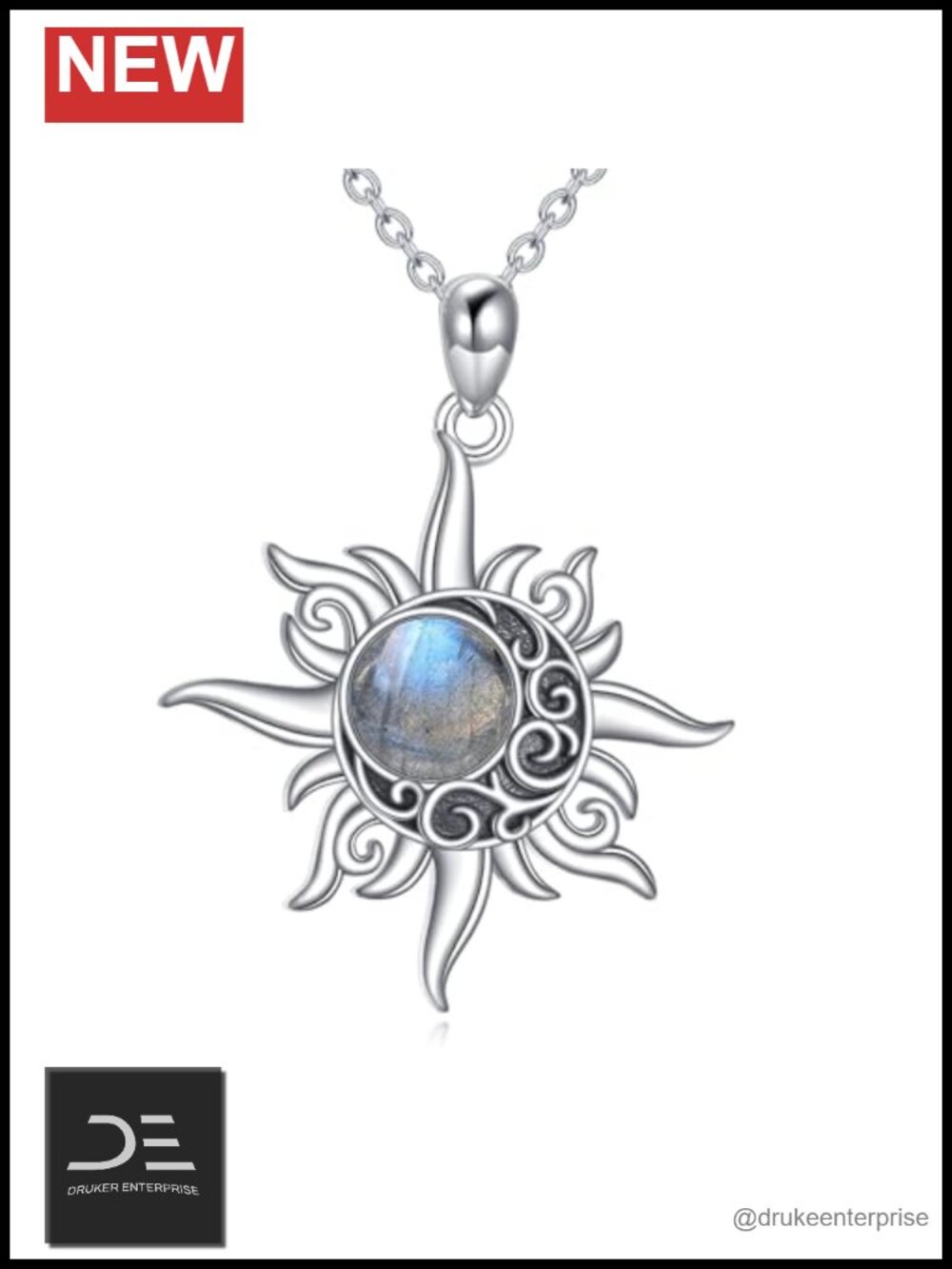 925 Sterling Silver Moon and Sun Pendant Necklace Labradorite